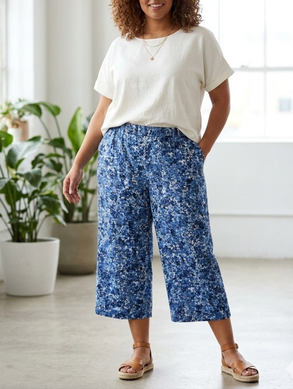 J. Jill Blue Floral Print Wide-Leg Cropped Capri Pants - Size 2X Plus Size